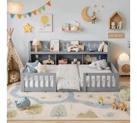 OLIVIBED Cama baja para niños 90x200 cm, cama Montessori con protección contra caídas y estantería, cama individual de madera con puerta para bebé, para niños y niñas, baja altura de entrada, Gris