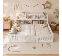 OLIVIBED Cama de suelo para niños 140x200 cm, cama Montessori con protección contra caídas y estantería, cama doble de madera con puerta para bebé, para niños y niñas, altura de entrada baja, Blanco