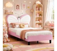 OLIVIBED Cama Infantil tapizada 90 x 200 cm, Cama niña con Forma de Mariposa, Marco de Cama para niñas con cabecero Regulable, colchón no Incluido, Tela de Franela, alanco y Rosa