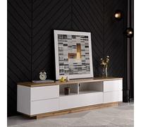 OLIVIBED Mueble de TV con mucho espacio de almacenamiento, armario de TV con 5 puertas y 2 compartimentos abiertos, mesa de televisión de hasta 75 pulgadas, estilo rústico, mueble de TV para salón