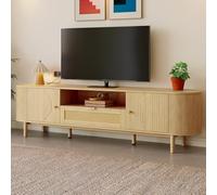 OLIVIBED Mueble para TV con 2 puertas correderas, bajo para televisión con cajones de ratán y compartimentos abiertos, bajo para televisor hasta 75 pulgadas, mesa para TV para sala de estar