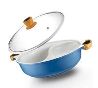 Olla caliente antiadherente con divisor, olla Shabu Shabu azul con cucharas de silicona, olla dividida para cocinar en dos caldos a la vez, olla caliente para inducción eléctrica, estufa de gas o