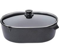 Olla original Gundel, modelo GUSS BRÄTER con tapa de vidrio, tamaño pequeño, apta para inducción, 32 x 22 x 12,5 cm, de hierro fundido