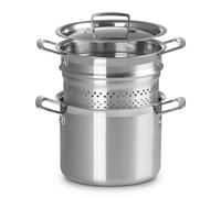 Olla para Pasta de Acero Inoxidable Tricapa 20 cm con Colador y Tapa de Cristal - Set de 3 Piezas de Le Creuset, 5 Litros, Ideal para Cocinar al Vapor, Sopas y Guisos, Apta para Inducción