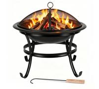 Ollewiellan Brasero de 55 cm de diámetro con parrilla, protección contra | Brasero y barbacoa 2 en 1 con protección contra chispas, parrilla y atizador para jardín, terraza, camping y exterior