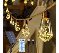 Ollny Cadena de luces solares para exteriores, con 16 bombillas de 8 m, resistente a la intemperie, 8 modos, temporizador, regulable, para decoración vintage, jardín, balcón, terraza, boda, fiesta