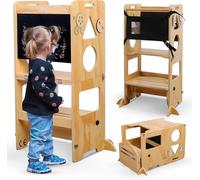 Olvy Torre de Aprendizaje Montessori 3 en 1 para niños, Plegable, Escalera de Madera, 3 peldaños, Torre de Aprendizaje para niños a Partir de 1 año, Escalera Plegable