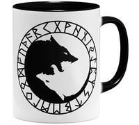 OM3® Taza de café con diseño de lobos de Yin Yin Yang, de cerámica, 325 ml, con el símbolo vikingo de los lobos vikingos, color negro