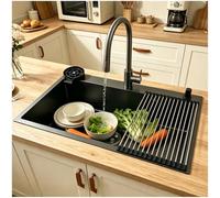 OMGMTSTORE Fregadero de cocina 85x50 cm, negro antracita, fregadero de acero inoxidable, fregadero de cocina XL, fregadero de encimera rectangular, cocina con 3 orificios para grifo, fregadero con