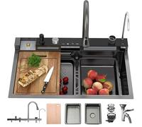 OMGMTSTORE Fregadero de cocina con cascada, 85 x 50 cm, 1 lavabo de acero inoxidable, moderno, grande, negro y antracita, fregadero de cocina, fregadero de cocina con grifo, sifón y rebosadero