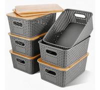 Omgoods - Caja de almacenamiento con tapa de bambú - Cajas de almacenamiento apilables - Organizador de cajones - Organizador de cocina - Plástico apto para alimentos - 6 unidades, 28x26x19,5 cm - Ces