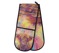 Omgoods - Guantes de horno dobles, diseño "Vacas de las Highlands", arcoíris. Resistentes al calor y con forro, ideales para la cocina y la parrilla