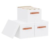 Omgoods - Juego de 3 cajas de almacenamiento - Cajas de tela blancas con tapa - Ideales para ropa y libros