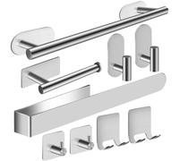Omgoods - Set de accesorios para baño sin necesidad de taladro - 9 piezas, acabado plateado pulido