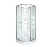 ONDÉE - Cabina de ducha de hidromasaje AMELIA - 1/4 de círculo - Boquillas redondas en columna de hidromasaje - Perfiles de aluminio gris - Kit de montaje incluido - Blanco - 90x90x224 cm