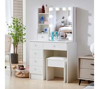 onesaimei Tocador con iluminación LED Hollywood con espejo y sentadillas, 6 cajones y 3 compartimentos abiertos, moderno tocador de madera blanco (mango de cristal)