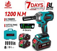 ONEVAN 1200N.M Llave de impacto eléctrica sin escobillas 3 funciones 1/2 "destornillador portátil inalámbrico herramientas de taladro para Pin de batería Makita 2xBattery Set A