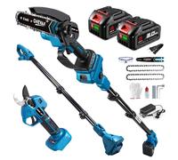 ONEVAN Podadora de Altura y Motosierra de Pértiga 2m, Kit 4 en 1, Tijeras de Podar Brushless 35mm + Mini Motosierra 6", Ajustable 180°, con 2x Baterías 3,0Ah para Poda Profesional
