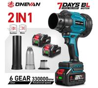 ONEVAN Soplador de Aire Turbo Eléctrico Inalámbrico 2 en 1 Sin Escobillas 330000 RPM, Herramienta para Soplar o Aspirar Polvo y Hojas, Compatible con Batería Makita 2 Battery Set