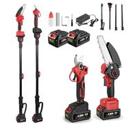 ONEVAN tijeras de podar telescópicas y motosierra telescopica bateria, 4 en 1 podadora de altura con 2 baterías de 4,0 Ah, sin escobillas 6" mini motosierra + podadora 25 mm + pértiga telescópica 2m