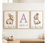 ONLYGUAY Set de 3 Cuadros Infantiles - Triptico Láminas Infantiles Personalizadas con Nombre e Inicial A3 Decoración Habitación Bebé Boho Nordico Animales Regalo Lienzo Sin Marco (Conejo Floral)