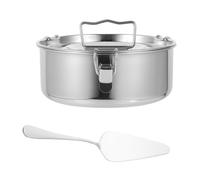 Operitacx Molde Redondo de Acero Inoxidable para Flan, con Tapa y Clips | Acabado Plata, 22,50x4,70x0,30cm, Espátula Incluida, para Baño María y Vapor