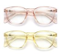 Opulize AWE - Lentes de lectura con bloqueo de luz azul para mujeres y hombres, paquete de 2 lentes antirreflejos redondos retro con protección UV, color rosa, amarillo transparente + 1.50