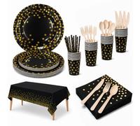 Oranglight - Vajilla desechable, plato desechable, toallas, pajitas y mantel, decoración de mesa para fiestas, bodas, baby shower-16 invitados, color negro