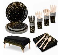 Oranglight - Vajilla desechable, plato desechable, toallas, pajitas y mantel, decoración de mesa para fiestas, bodas, baby shower-25 invitados, color negro