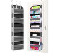 Organizador colgante para puerta Unyqoos®, con 5 compartimentos grandes (38×16,5×16,5 cm), 10 compartimentos de malla, ventana transparente, 3 ganchos metálicos, capacidad de carga de 20 kg, color gri