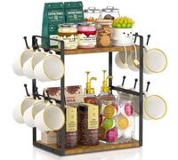 Organizador de café Ibzenoa® de madera vintage, de 2 niveles con 12 ganchos para tazas: almacenamiento para tazas, cápsulas y accesorios, con almohadillas antideslizantes