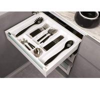 Organizador de cajones Ibenzoa®, flexible y cortable – plástico de 1,6 mm, resistente a los arañazos y con buena estabilidad, color blanco/plateado. Ideal para organizar cubiertos, artículos de oficin