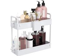 Organizador de cocina Unyqoos® de 2 niveles, diseño delgado: estante estrecho para colocar debajo del fregadero, fabricado con plástico mejorado y acero inoxidable, con ganchos para colgar tazas, colo