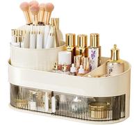 Organizador de cosméticos Ibenzoa® de 2 niveles, con rotación de 360°, soporte giratorio para brochas, gran capacidad, fabricado en plástico PET-ABS, color crema, dimensiones: 31 x 14 x 20 cm
