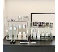 Organizador de cosméticos para baño de 2 niveles, robusto estante de | ABS, color gris ahumado, caja de almacenamiento para el cuidado de la piel, cepillos de dientes, diseño que ahorra espacio
