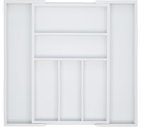 Organizador de cubiertos extensible, con 5 a 7 compartimentos, de bambú, de 5 x 48 x 46 cm. Caja de almacenamiento versátil, ideal para cajones de cubiertos. Color blanco