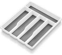 Organizador de cubiertos para cajones, plástico, con 5 compartimentos, forro suave y patas de goma antideslizantes, blanco/gris, 32,6 x 29 cm