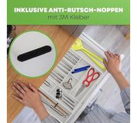 Organizador de cubiertos Unyqoos® hecho de 100% bambú, color blanco. Incluye 5 separadores extraíbles, almohadillas antideslizantes (3M), espacio para un juego de cubiertos de 16 piezas, longitud de 3
