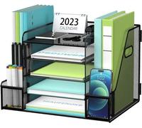 Organizador de documentos y escritorio con archivador, organizador de papel y sobres de 5 compartimentos con soporte para revistas, organizador de escritorio con espacios de almacenamiento y cajón par