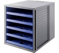 Organizador de escritorio con cajones Han Karma 275 x 320 x 330 mm, tamaño C4, 5 cajones con etiquetas abiertos, color gris claro y azul