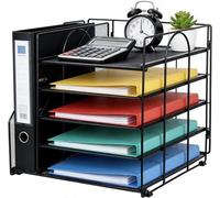 Organizador de escritorio con portadocumentos, 5 niveles, estructura de metal, compartimentos de malla para oficina y estudio, color