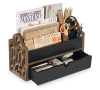 Organizador de escritorio de madera con cajón, archivador y portalápices, color marrón