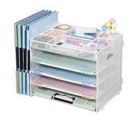 Organizador de escritorio de malla con soporte para archivos, organizador de bandeja de cartas de papel de 5 niveles con cajón y revistero (Blanco-Compartimentos)