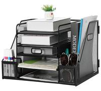 Organizador de escritorio de malla con soporte para archivos, organizador de bandeja de cartas de papel de 5 niveles con cajón y revistero (Negro)