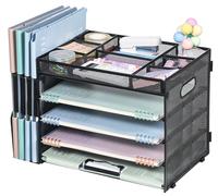 Organizador de escritorio de malla con soporte para archivos, organizador de bandeja de cartas de papel de 5 niveles con cajón y revistero (Negro-Compartimentos)