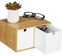 Organizador de escritorio Relaxdays, con 2 cajones, de bambú y MDF, caja de almacenamiento para oficina, dimensiones (alto x ancho x profundidad): 14,5 x 24,5 x 20 cm, color blanco