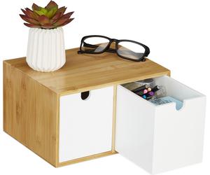 Organizador de escritorio Relaxdays, con 2 cajones, de bambú y MDF, caja de almacenamiento para oficina, dimensiones (alto x ancho x profundidad): 14,5 x 24,5 x 20 cm, color blanco