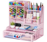 Organizador de escritorio Unyqoos® con 12 compartimentos y cajón: organizador multifuncional para oficina y espacio de trabajo en casa, color rosa, ideal para bolígrafos, maquillaje y accesorios