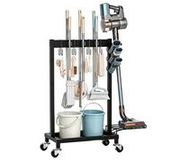 Organizador de herramientas de jardín de 3 niveles y 6 soportes para fregona, para jardín, con 3 ganchos móviles y ruedas bloqueables, soporte para herramientas de patio, para garaje, cobertizo y