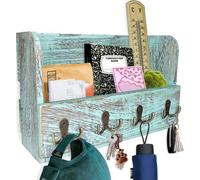 Organizador de pared estilo rústico Unyqoos® para correo y llaves, hecho de madera de paulownia, color azul, con espacio para cartas de 32,89 x 20,9 cm y 4 ganchos metálicos dobles